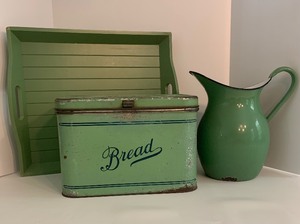 lot 12 image: 3 Piece Green -  Enamelware Pitcher, Tin Bread Box and Wood Tray