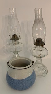 lot 75 image: VINTAGE 3 Piece Set including Glass Hurricane Lamps and Bean Pot