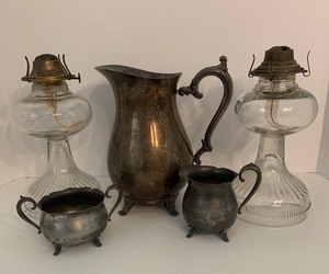 lot 77 image: VINTAGE Primitives including Pewter and Glass Oil Lamps