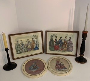 lot 58 image: 4 VINTAGE Pictures with Wood Candle Holders