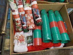 Box of Holiday Glasses, Stockings, Placemats and Candle Wax Melts