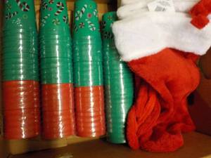 Box of Holiday Glasses, Stockings, Placemats and more