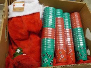 Box of Holiday Glasses, Stockings, Placemats and more