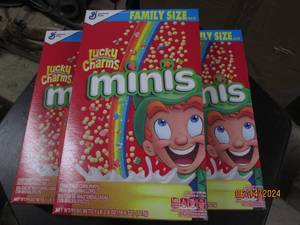 3 18.6 oz boxes of lucky charms mini best by date of march 2024