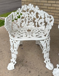 lot 6A image: Vintage White Metal Patio Bench and Two Charming Chairs