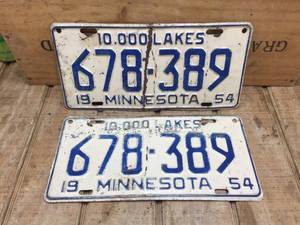 Pair Vintage 1954 Minn License Plates