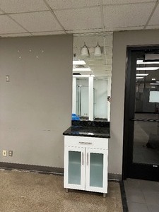 Modern Vanity Styling Station (26 W x 22 D x 39 H) with mirror and 2-sconce light. Mirror measures approx 26 W X 57 H