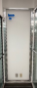 Framed Pivot Shower Door with obscure Glass, magnetic latch and a horizontal drip trough. Measures approx 30 W X 78 H