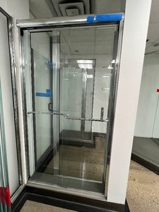 Shower Slider features an Euro Style rounded header with clear glass doors, inner and outer towel bars. Approx 42 W X 77 H