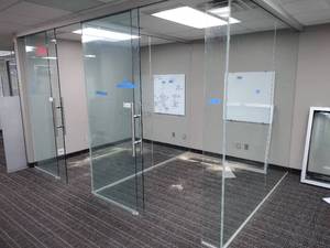 Glass Wall Office, T-Shaped config creates 2 modular office spaces wglass panel divider. Overall 12 9 58 L X 8 6 D X 8 H