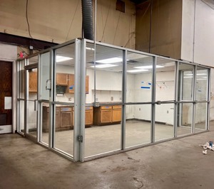 3-sided Framed Glass Partitions that form a room with a hinged door, Approx 18 L X 129 D X 8 H