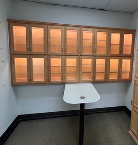 Lighted Wall Cabinets with glass front doors and glass shelves