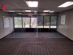 Glass Office Walls, T-Shaped config creates 2 modular office spaces with a glass panel divider, 18 3 L X 6 10 D X 7 11