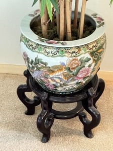 lot 197 image: Large Faux Bamboo Plant in Asian Inspired Planter on Stand