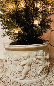 lot 117 image: Beautiful White Angel Motif Planter with Faux Green Tree with Lights