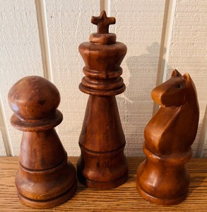 lot 123 image: Three Large Wood Decorative Chess Pieces