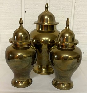 lot 121 image: Three Beautiful Brass Urns and 4 Candle Holders by Jainson