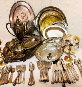 lot 242 image: Vintage Silver Plated Tea Pot, Platters, Candle Holders and More