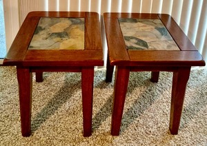 lot 276 image: Pair of Beautiful World Market Wood & Tile Top End Tables