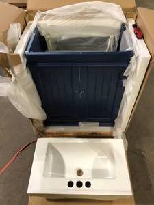 lot 7 image: 24 in. Bath Vanity in Blue with Ceramic Top in White with White Basin without Mirror Customer Returns See Pictures
