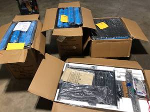 lot 17 image: Tozey 8-Piece Patio Conversation Set with 50,000 BTU Propane Fire Pit Table, Wicker Sectional Set with Blue Cushions Customer Returns See Pictures