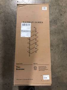 lot 25 image: Nathan James Theo 73 in. Dark Oak Wood 5-Shelf Wall Mount Ladder Bookcase with Pale Gold Metal Frame Customer Returns See Pictures