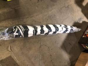 lot 45 image: California Umbrella 9 ft. Matted Black Aluminum Collar Tilt Crank Lift Market Patio Umbrella in Cabana Classic Sunbrella  Customer Returns See Pictures