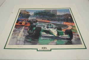 lot 29 image: Way Kool Vintage NASCAR 20502100 Artist Signed Ken Call 1997 Official Team Kool (Cigarettes) Lithograph() The Inaugural Season Autographed by Kim Green, Berry Green, Parker Johnstone...