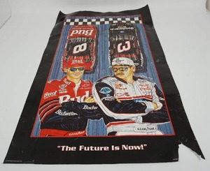 lot 30 image: NASCAR Vintage Poster Art Dale Earnhardt & Earnhardt Jr. The Future is Now Artist Sam Bass 1999 Original Print By Dale Earnhardt Inc.