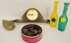 lot 51 image: Vintage Mantle Clock with Clock Movement by Lanshire, Brass Duck, Tin of Old Buttons...