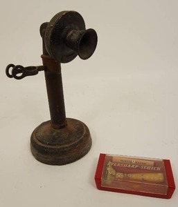 lot 55 image: Antique Pat.1908 Kellogg() Bakelite & Metal Candlestick Phone, Eversharp-Schlick Injector Bakelite Razor in Case