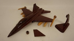 lot 60 image: Falcon Fighter Jet Aircraft Model Wood Desktop Hand Carved Hand Crafted...