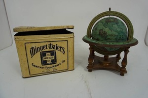 lot 64 image: Vintage Tin Box Minuet Wafers St. Paul Minnesota, Tabletop Astronomy World Globe