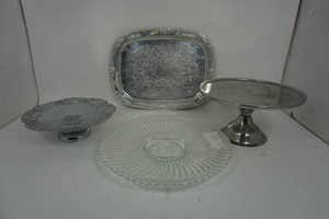 lot 65 image: Vintage Silver Footed Filigree Floral Compote Pedestal Dessert Serving Display Stand, Embossed Silver Serving Platter, Silver Pedestal Round Platter with Glass Insert