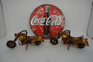 lot 72 image: 2 Wooden hand carved and Lacquered Motorcycle Made in Thailand And Coke Sign