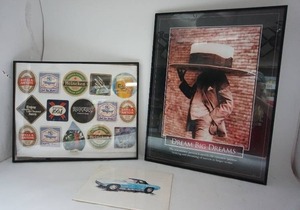 lot 116 image: Vintage Wall Art...1966 Blue Chevy Corvette Signed by Local Artist Jodi Wilken 1996,  Framed Collection of Breweriana Beer Coasters, Dream Big Dreams Framed Poster Art