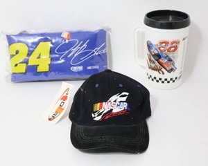 lot 303 image: NASCAR Memoribilia Jeff Gordon #24 Sling Cooler, Dale Jarrett Cooler Mug, NASCARA Racing Modern Head Gear Cap NWT