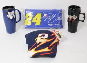 lot 304 image: NASCAR Memorabilia...Rusty Wallace #2 Cap wTags, Jeff Gordon #24 Sling Cooler NIB, Insulated Drink Mugs...