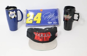 lot 305 image: NASCAR Memorabilia...Darrell Waltrip #17 Cap wTags, Jeff Gordon #24 Sling Cooler NIB, Insulated Drink Mugs...