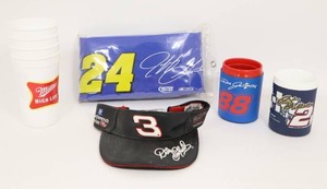 lot 306 image: NASCAR Memorabilia...Dale Earnhardt #3 Visor Cap wTags, Jeff Gordon #24 Sling Cooler NIB, Insulated Drink Cozies..