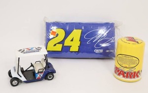 lot 309 image: NASCAR Valvoline Performance Team Mini Golf Cart BANK wBox, Steve Park #1 SIGNED Pennzoil Oil Filter Monte Carlo 164 Diecast Inside SEALED, Jeff Gordon #24 Sling Cooler NIB