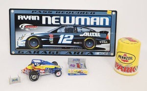 lot 310 image: Ryan Newman #121 License Plate, Donny Schatz #15 1997 Crossroads Sprint Car Diecast Dirt Winged 125 Action, Steve Park #1 SIGNED Pennzoil Oil Filter Monte Carlo 164 Diecast Inside SEALED