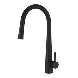 New - Mondawe Single Handle Surface Mount High Arc Pull Down Kitchen Faucet with Tulip Spray Wand Accessories in Matte Black