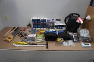 lot 266 image: Large Assortment of Hardware -Adhesive, Saw, Tool Bags, Light Switch