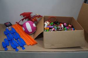 lot 267 image: Assorted Kids Toys -Hot Wheel Track Pieces, Volleyball, PEZ Dispensers
