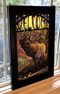 lot 56 image: Wild Wings The Conquest Elk Stained Glass Hang Art by Tony Hilscher
