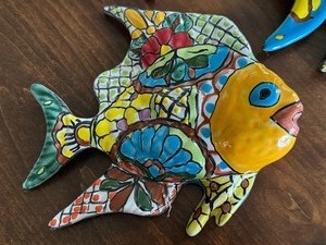 lot 3A image: Set of Three Colorful Mexican Pottery Fish   Mexican Pottery Wall Hanging Fish