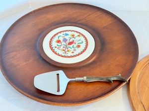 lot 73 image: Vintage Lazy Susan with Tile Center, Wooden Cheese Tray and Cheese Serving Utensils