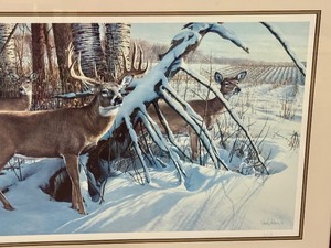 lot 113 image: Framed Stepping Out White Tail Deer Print by Ron Van Gilder