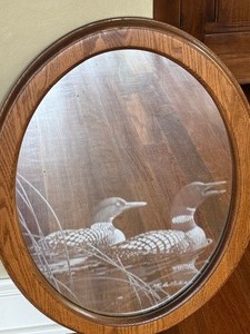 lot 125 image: Vintage Oval Oak Wood Frame Wall Mirror with Etched Ducks Pattern Signed by Artist